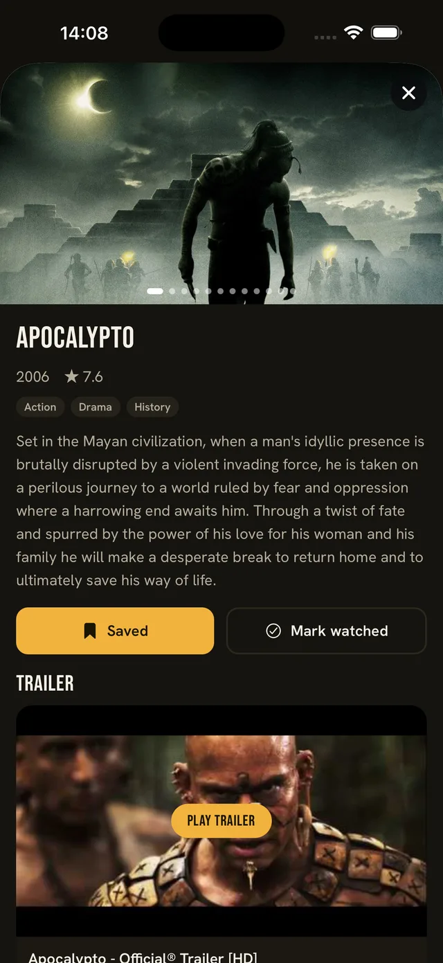 Movie detail screen with synopsis, cast, and where to watch