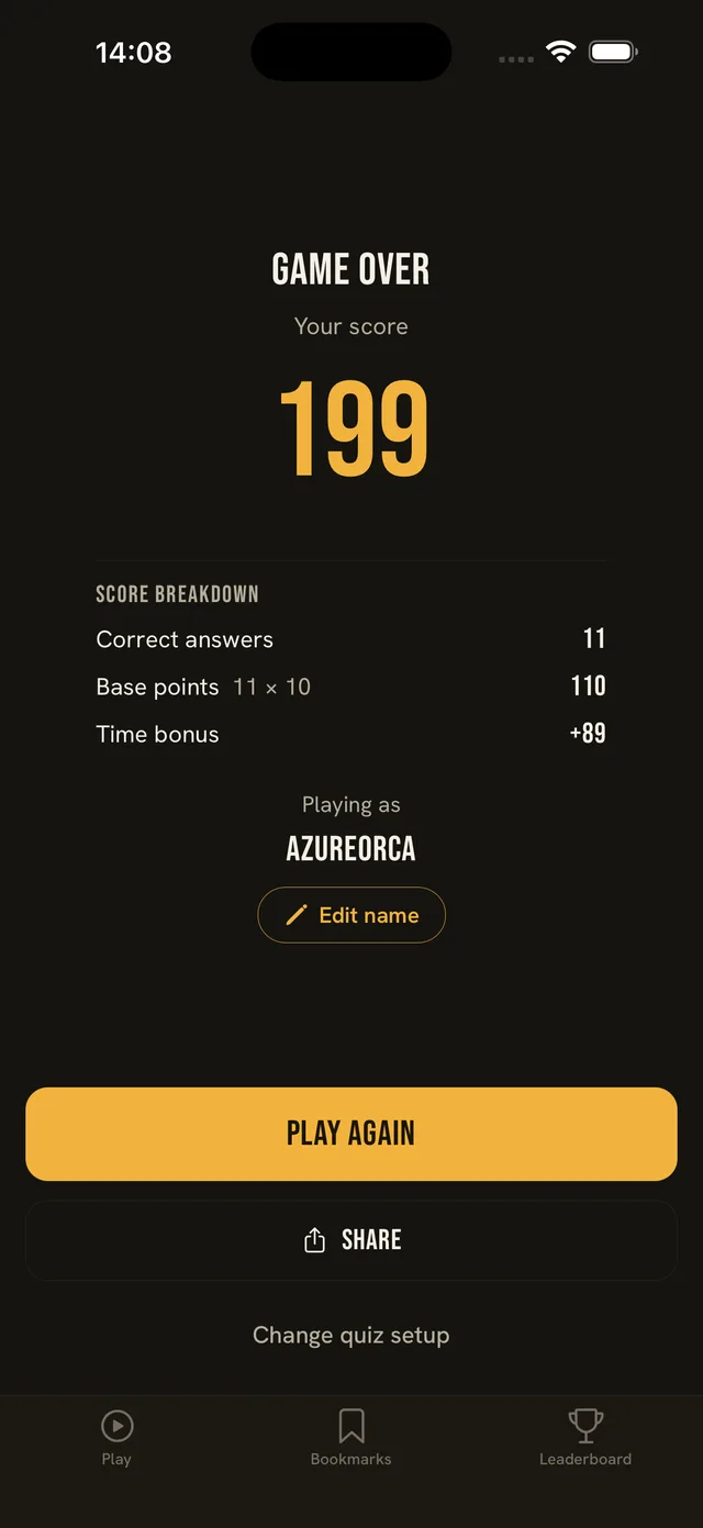 Game-over results screen showing your score and time bonus